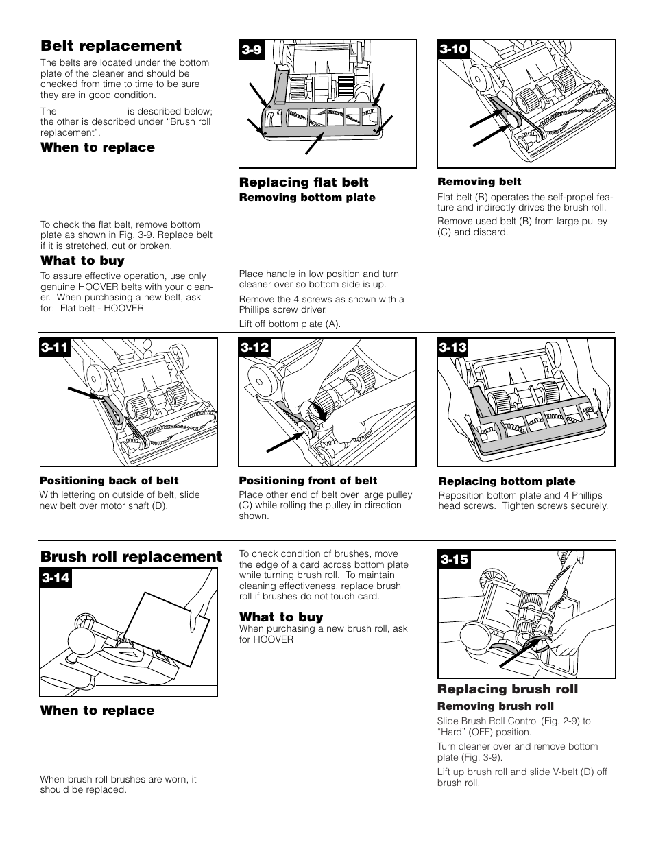 Belt replacement, Brush roll replacement | Hoover Self-Propelled WindTunnel Cleaner User Manual | Page 10 / 13