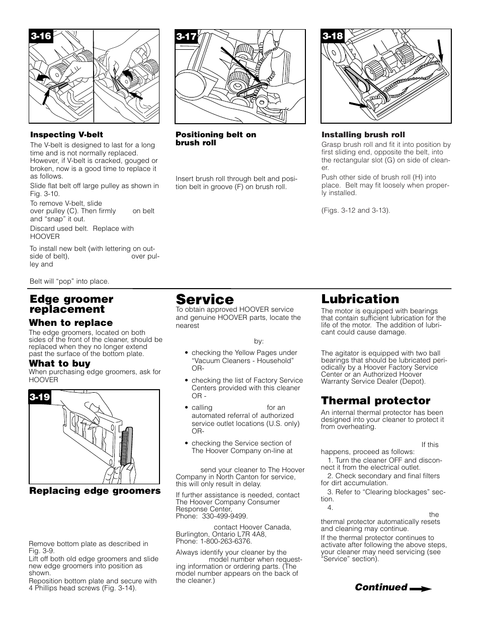 Service, Lubrication, Edge groomer replacement | Thermal protector | Hoover Self-Propelled WindTunnel Cleaner User Manual | Page 11 / 13
