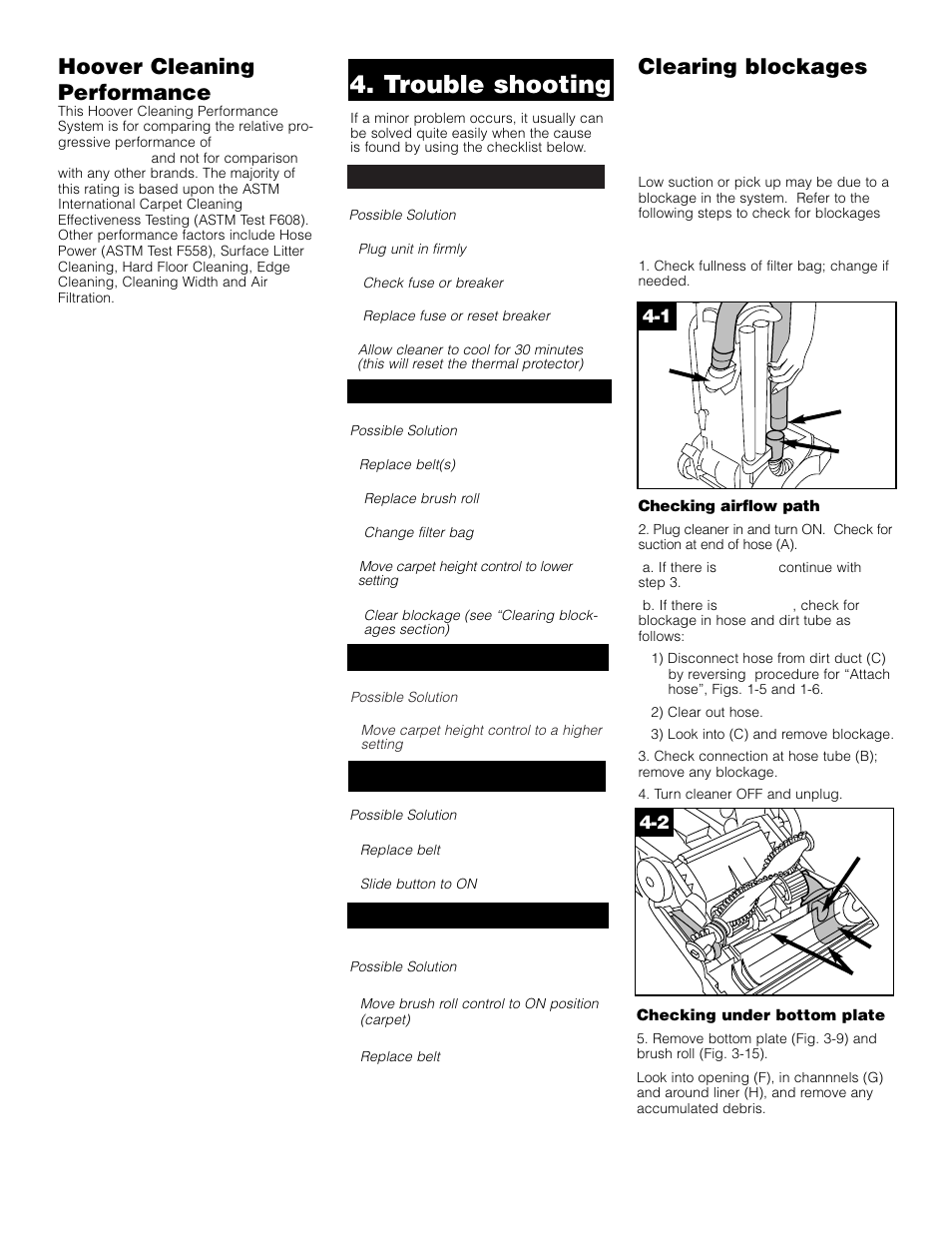 Trouble shooting, Clearing blockages, Hoover cleaning performance | Hoover Self-Propelled WindTunnel Cleaner User Manual | Page 12 / 13