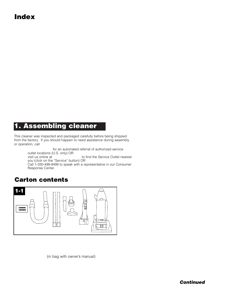 Assembling cleaner, Index, Carton contents | Hoover Self-Propelled WindTunnel Cleaner User Manual | Page 3 / 13