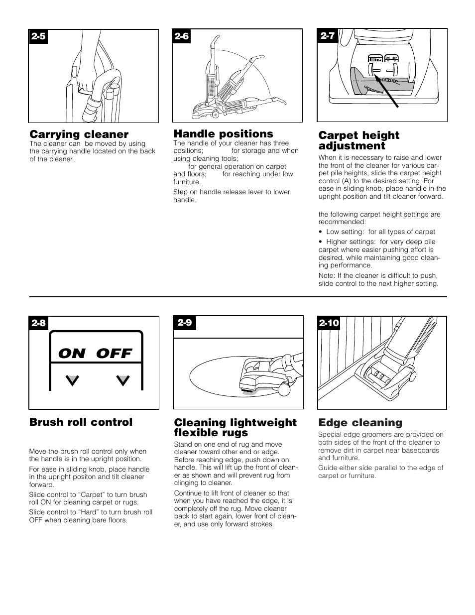 On off, Edge cleaning, Cleaning lightweight flexible rugs | Carpet height adjustment, Handle positions, Carrying cleaner, Brush roll control | Hoover Self-Propelled WindTunnel Cleaner User Manual | Page 6 / 13