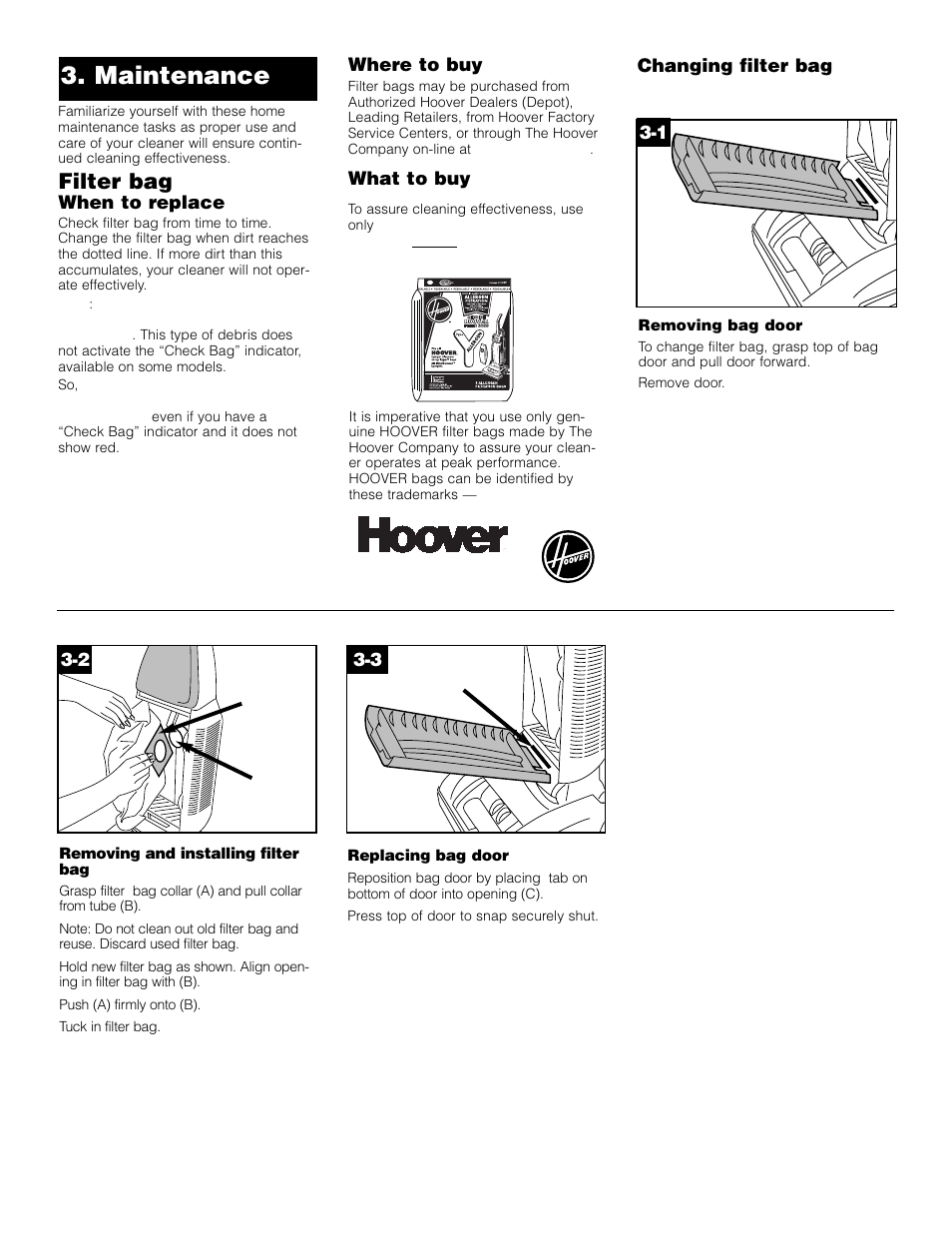 Maintenance, Filter bag | Hoover Self-Propelled WindTunnel Cleaner User Manual | Page 8 / 13