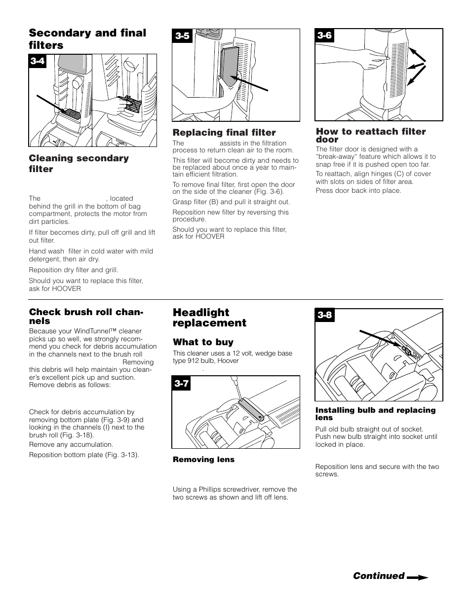 Secondary and final filters, Headlight replacement | Hoover Self-Propelled WindTunnel Cleaner User Manual | Page 9 / 13