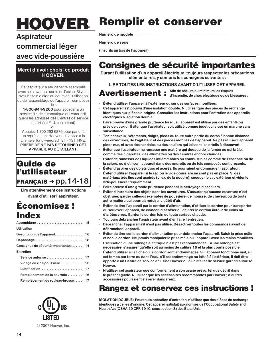 Hoover, Remplir et conserver, Consignes de sécurité importantes | Avertissement, Guide de l’utilisateur, Pp.14-18, Économisez ! index, Aspirateur commercial léger avec vide-poussière, Rangez et conservez ces instructions | Hoover C1415 User Manual | Page 14 / 20