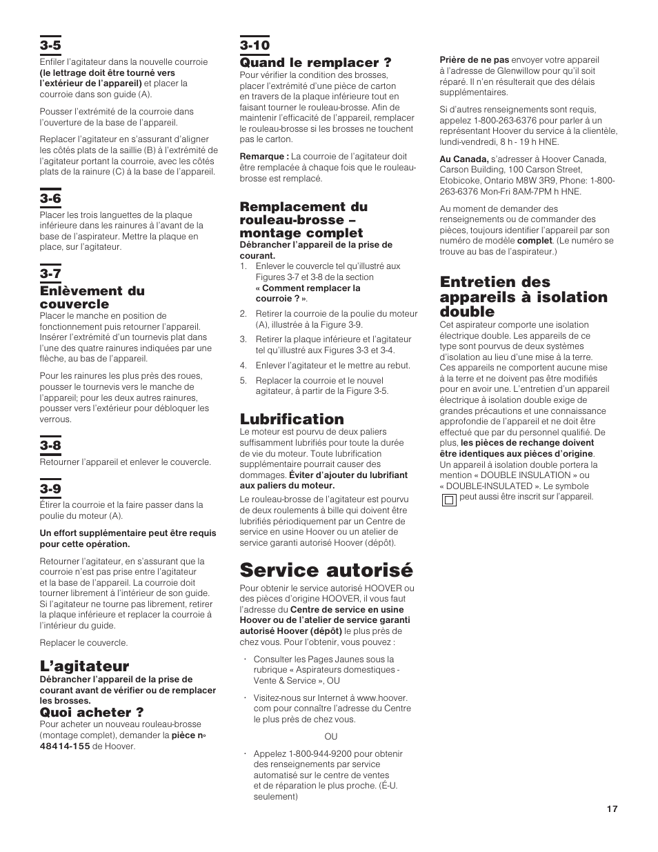 Service autorisé, L’agitateur, Lubrification | Entretien des appareils à isolation double | Hoover C1415 User Manual | Page 17 / 20