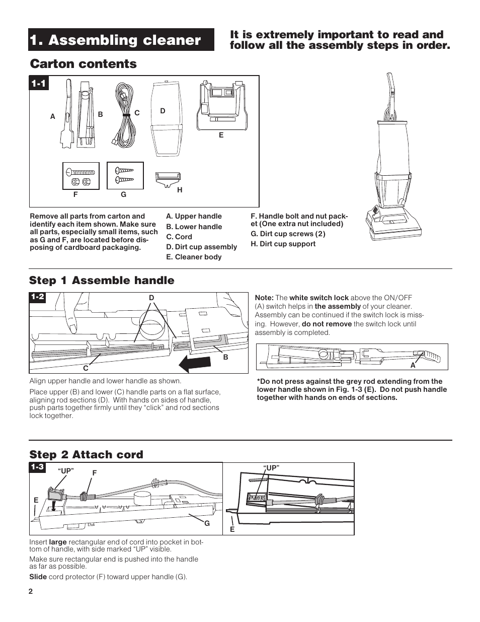 Assembling cleaner, Carton contents, Step 2 attach cord | Step 1 assemble handle | Hoover C1415 User Manual | Page 2 / 20