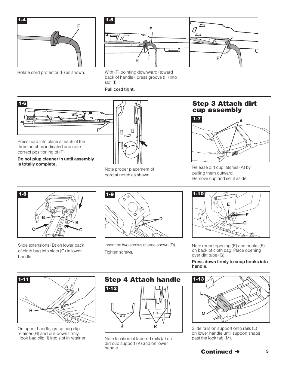 Step 3 attach dirt cup assembly, Step 4 attach handle | Hoover C1415 User Manual | Page 3 / 20