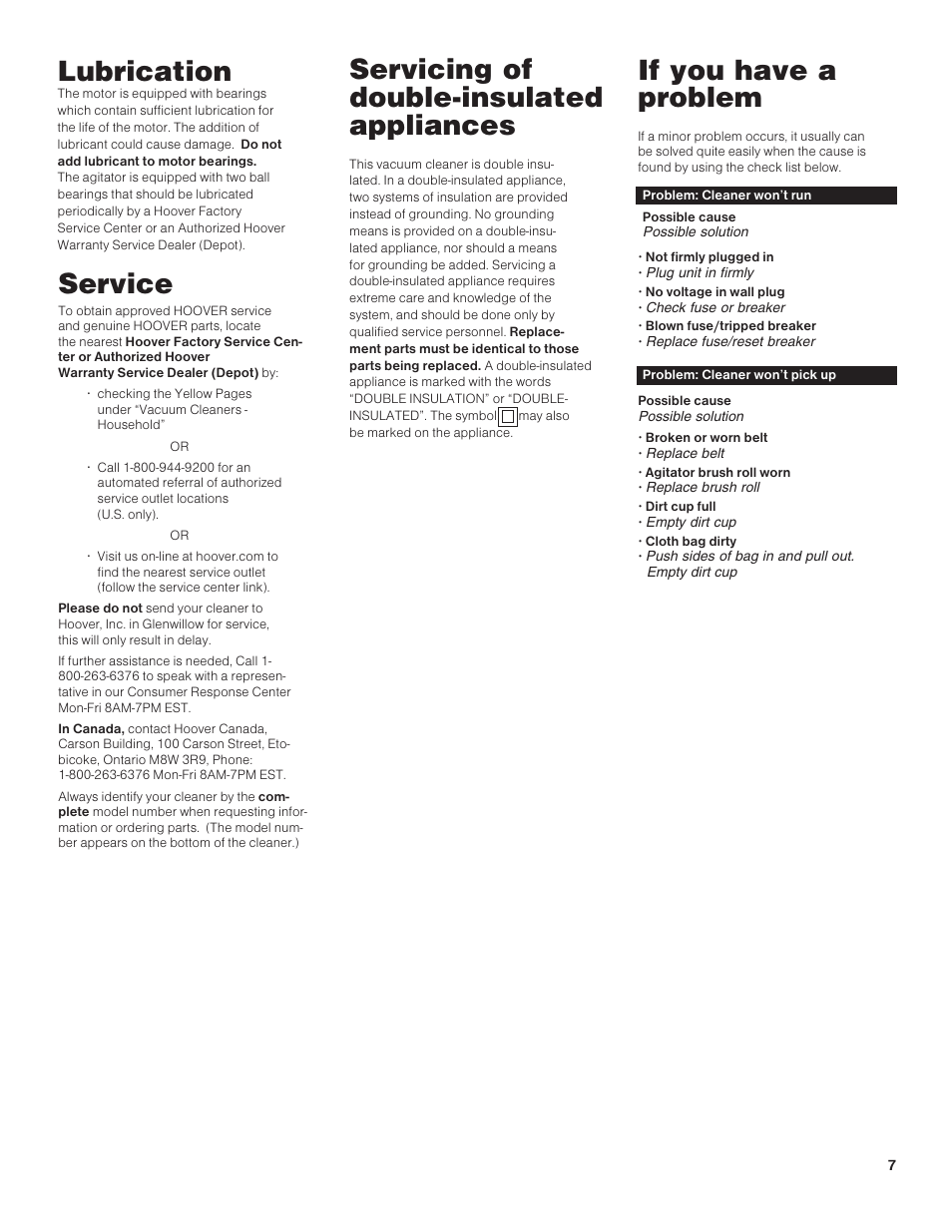 Servicing of double-insulated appliances, Service, Lubrication | If you have a problem | Hoover C1415 User Manual | Page 7 / 20