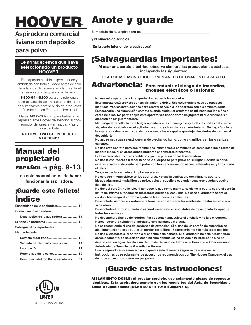 Hoover, Salvaguardias importantes, Advertencia | Guarde estas instrucciones, Manual del propietario, Pág. 9-13, Índice, Guarde este folleto | Hoover C1415 User Manual | Page 9 / 20