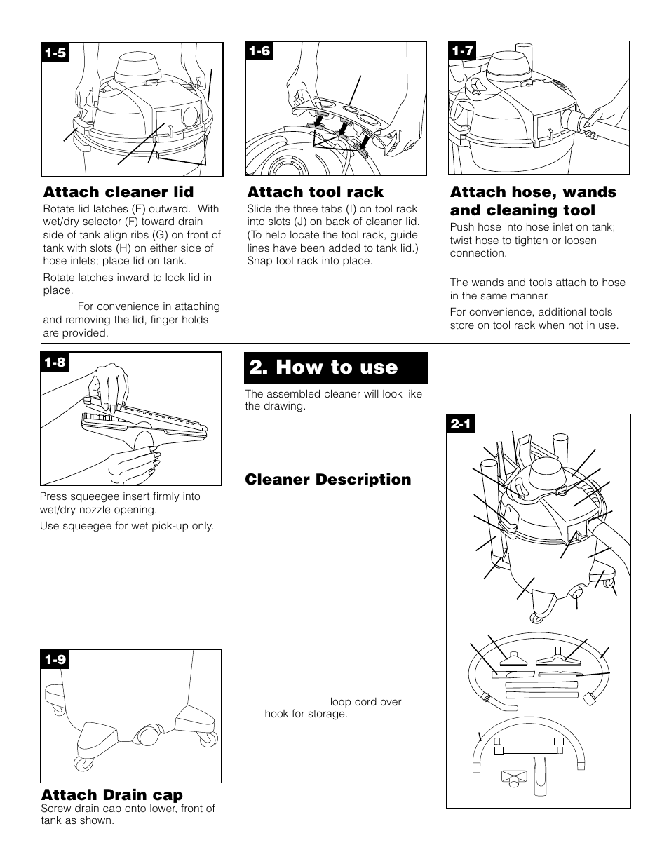How to use, Attach cleaner lid, Attach tool rack | Attach hose, wands and cleaning tool, Attach drain cap, Cleaner description | Hoover Wet/Dry Vac User Manual | Page 5 / 10