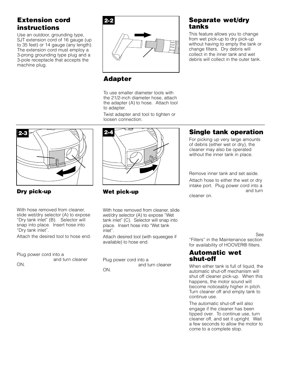 Extension cord instructions, Adapter, Separate wet/dry tanks | Single tank operation, Automatic wet shut-off | Hoover Wet/Dry Vac User Manual | Page 6 / 10