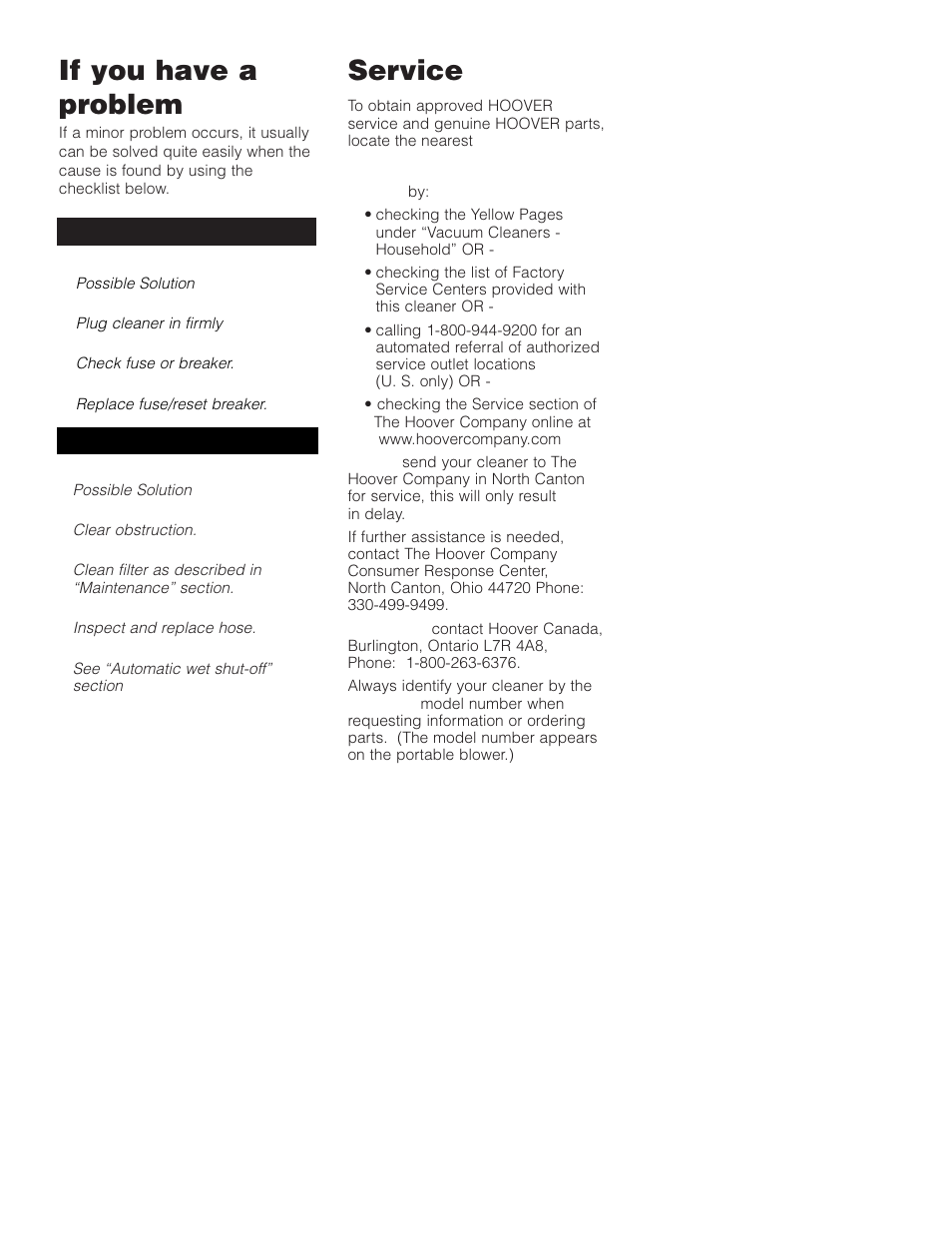 Service, If you have a problem | Hoover Wet/Dry Vac User Manual | Page 9 / 10