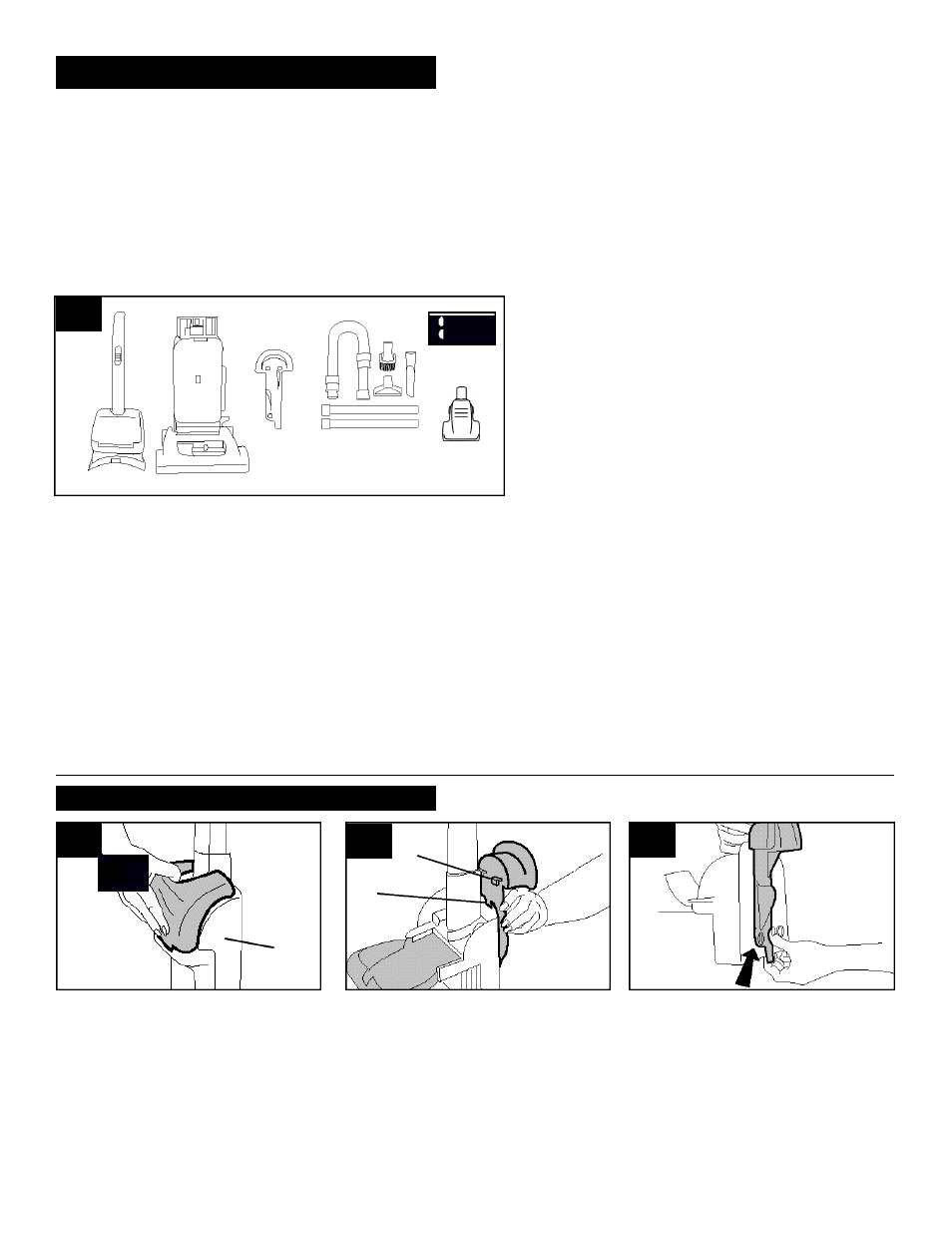 Assembling cleaner, Step 1 attach rack and handle carton contents | Hoover WindTunnel Upright Bag Vacuum Cleaner User Manual | Page 3 / 14