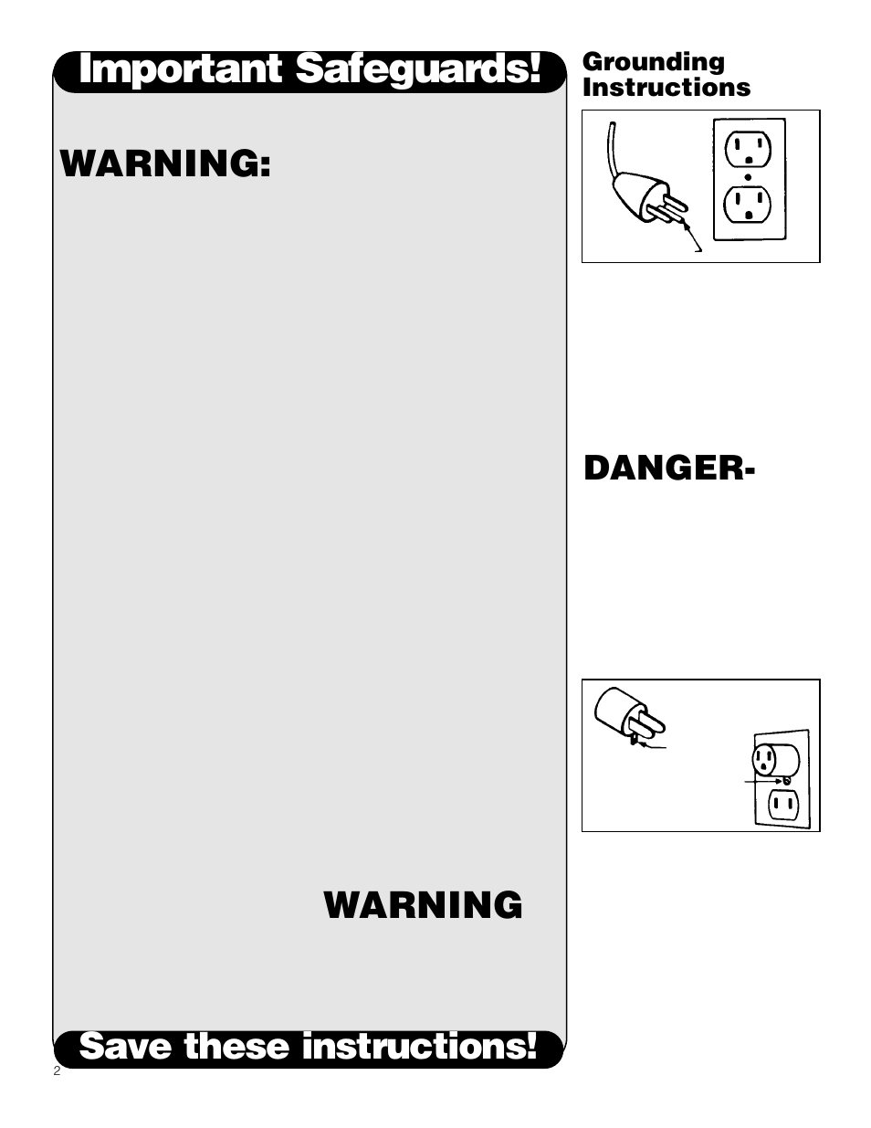 Important safeguards, Warning, Save these instructions | Danger, Grounding instructions | Hoover 500 User Manual | Page 2 / 19