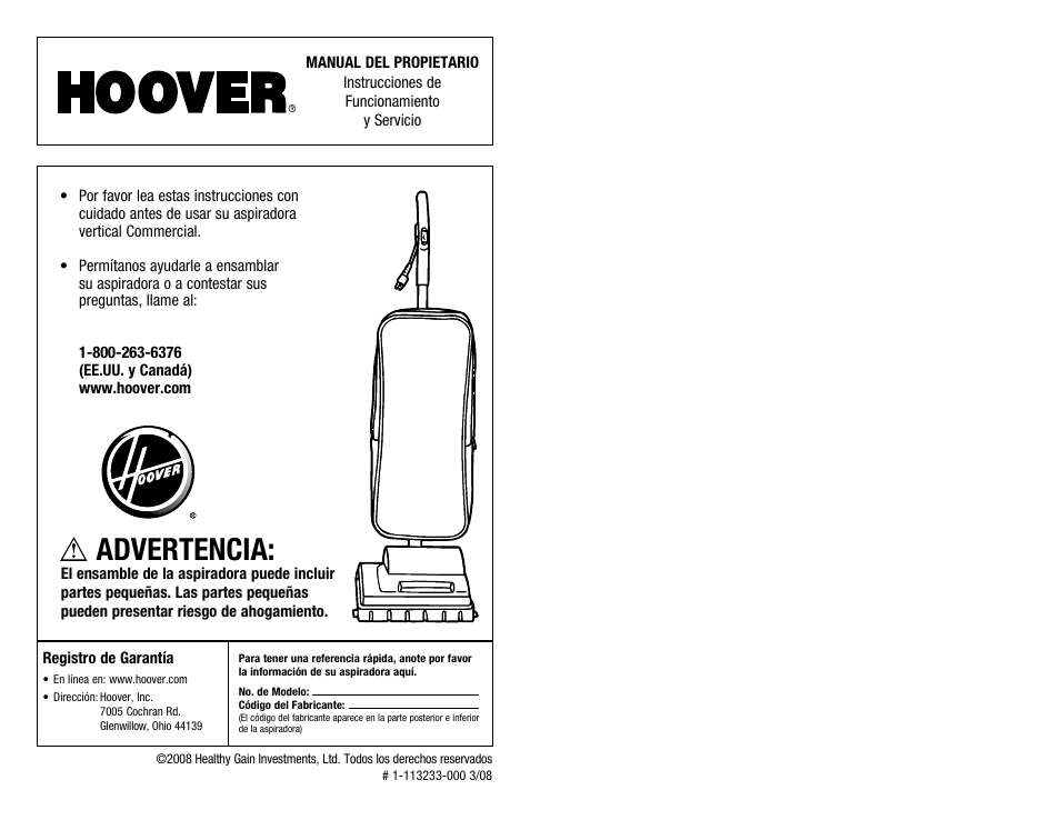 Advertencia | Hoover C1320 User Manual | Page 10 / 14