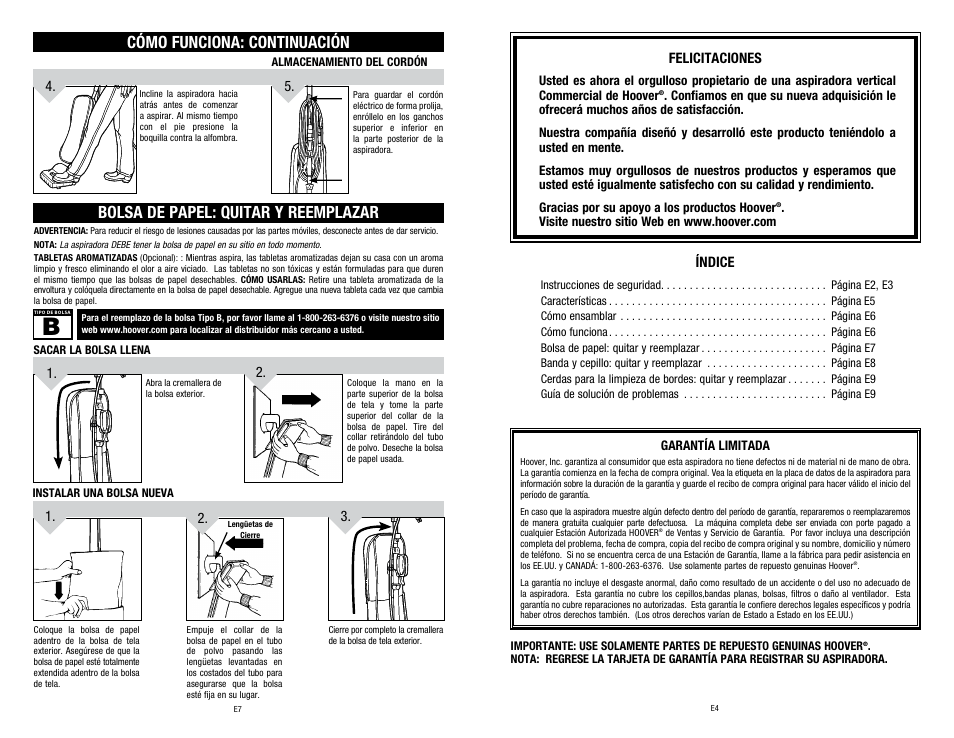 Bolsa de papel: quitar y reemplazar, Cómo funciona: continuación, Felicitaciones | Índice | Hoover C1320 User Manual | Page 13 / 14