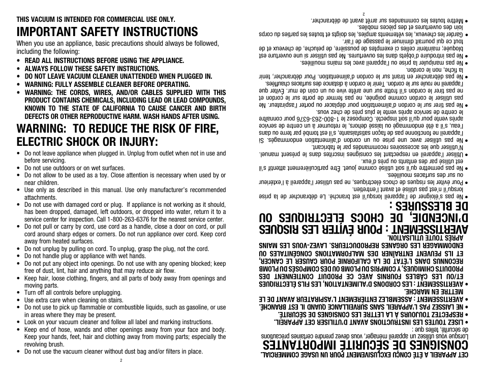 Important safety instructions, Consignes de sécurité importantes | Hoover C1320 User Manual | Page 2 / 14