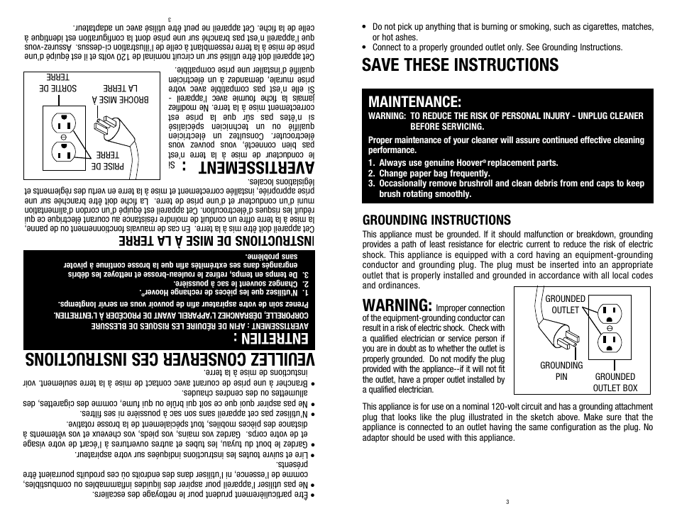 Save these instructions, Veuillez conserver ces instructions, Warning | Avertissement, Maintenance, Entretien, Grounding instructions, Instructions de mise à la terre | Hoover C1320 User Manual | Page 3 / 14