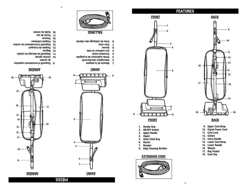 Features pièces | Hoover C1320 User Manual | Page 5 / 14