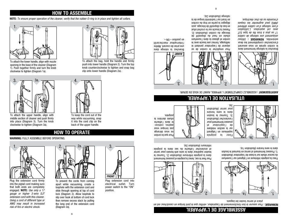 How to assemble assemblage de l’appareil, How to operate, Utilisation de l’appareil | Hoover C1320 User Manual | Page 6 / 14