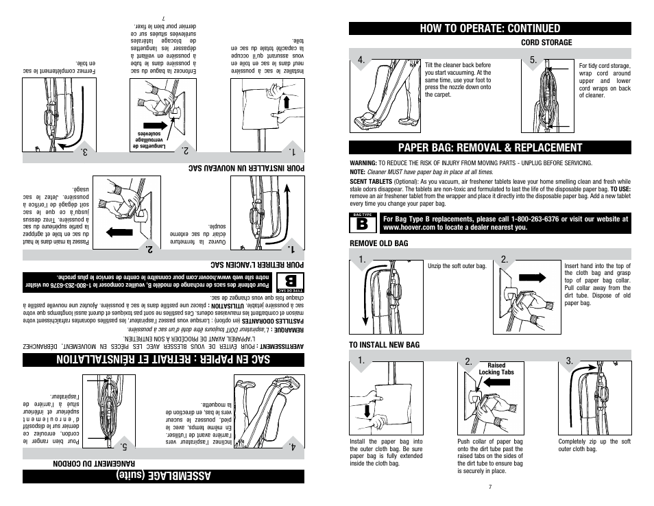 Sac en papier : retrait et réinstallation, Assemblage (suite) | Hoover C1320 User Manual | Page 7 / 14