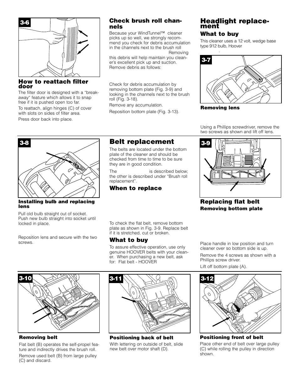 Belt replacement, Headlight replace- ment | Hoover WindTunnel Wind Tunnel vacuum cleaner User Manual | Page 10 / 32