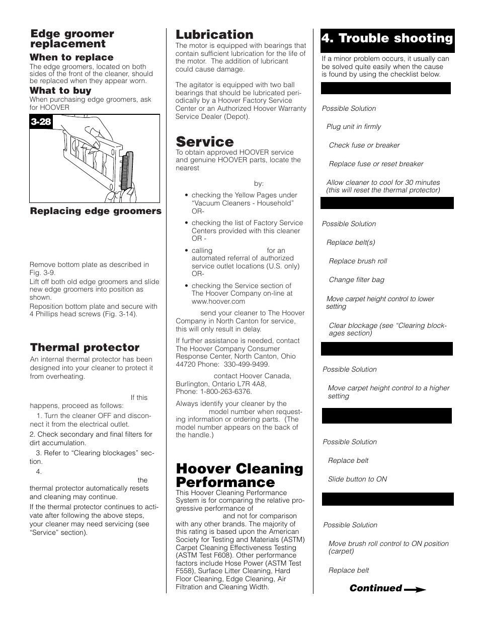 Service, Hoover cleaning performance, Lubrication | Trouble shooting, Thermal protector, Edge groomer replacement | Hoover WindTunnel Wind Tunnel vacuum cleaner User Manual | Page 13 / 32