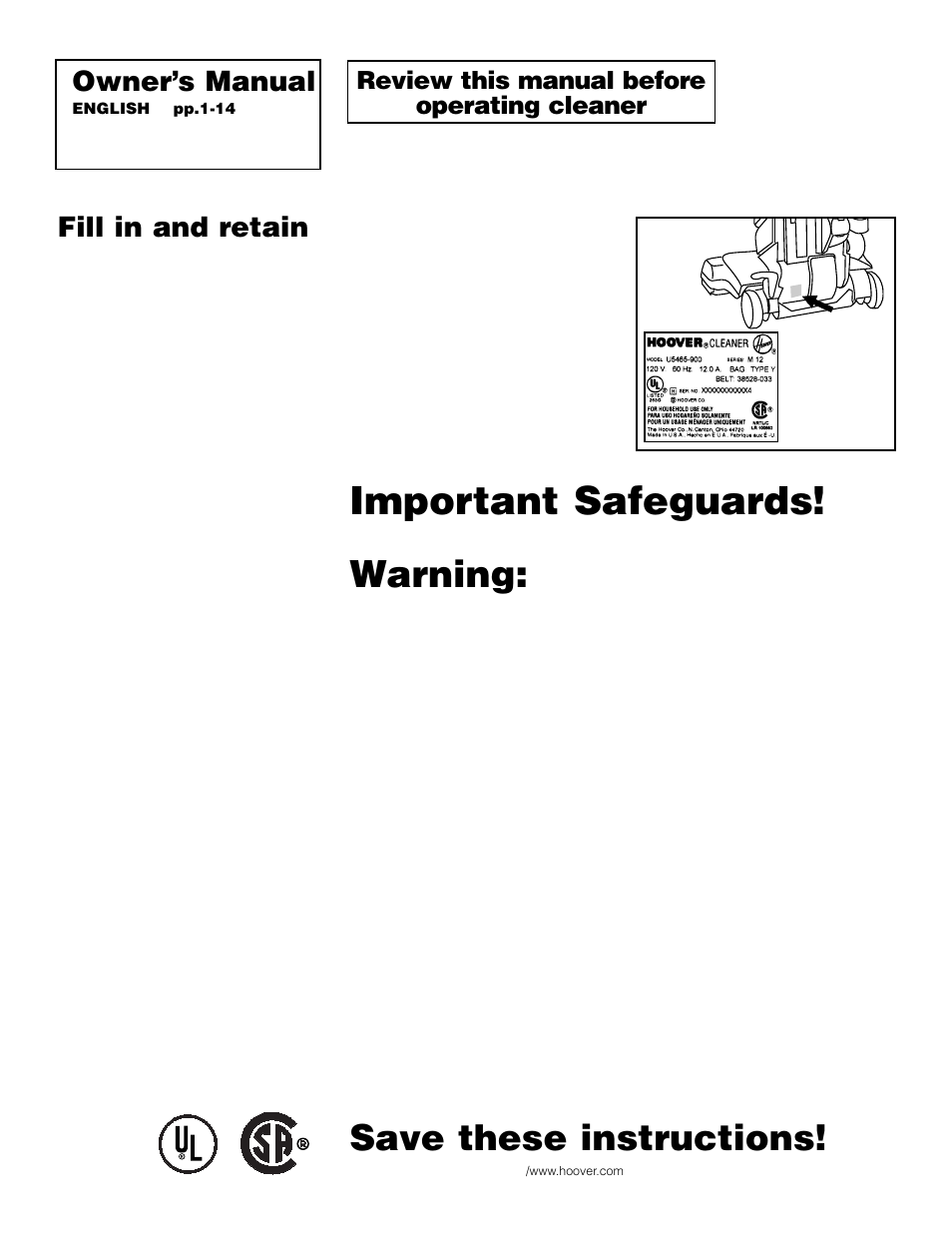 Important safeguards, Warning, Save these instructions | Fill in and retain, Owner’s manual, Review this manual before operating cleaner | Hoover WindTunnel Wind Tunnel vacuum cleaner User Manual | Page 2 / 32