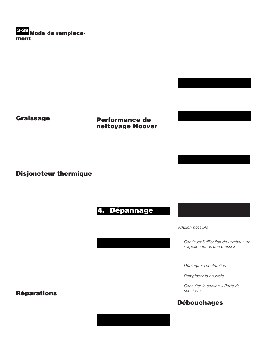 Dépannage, Graissage, Disjoncteur thermique | Réparations, Performance de nettoyage hoover, Débouchages | Hoover WindTunnel Wind Tunnel vacuum cleaner User Manual | Page 29 / 32