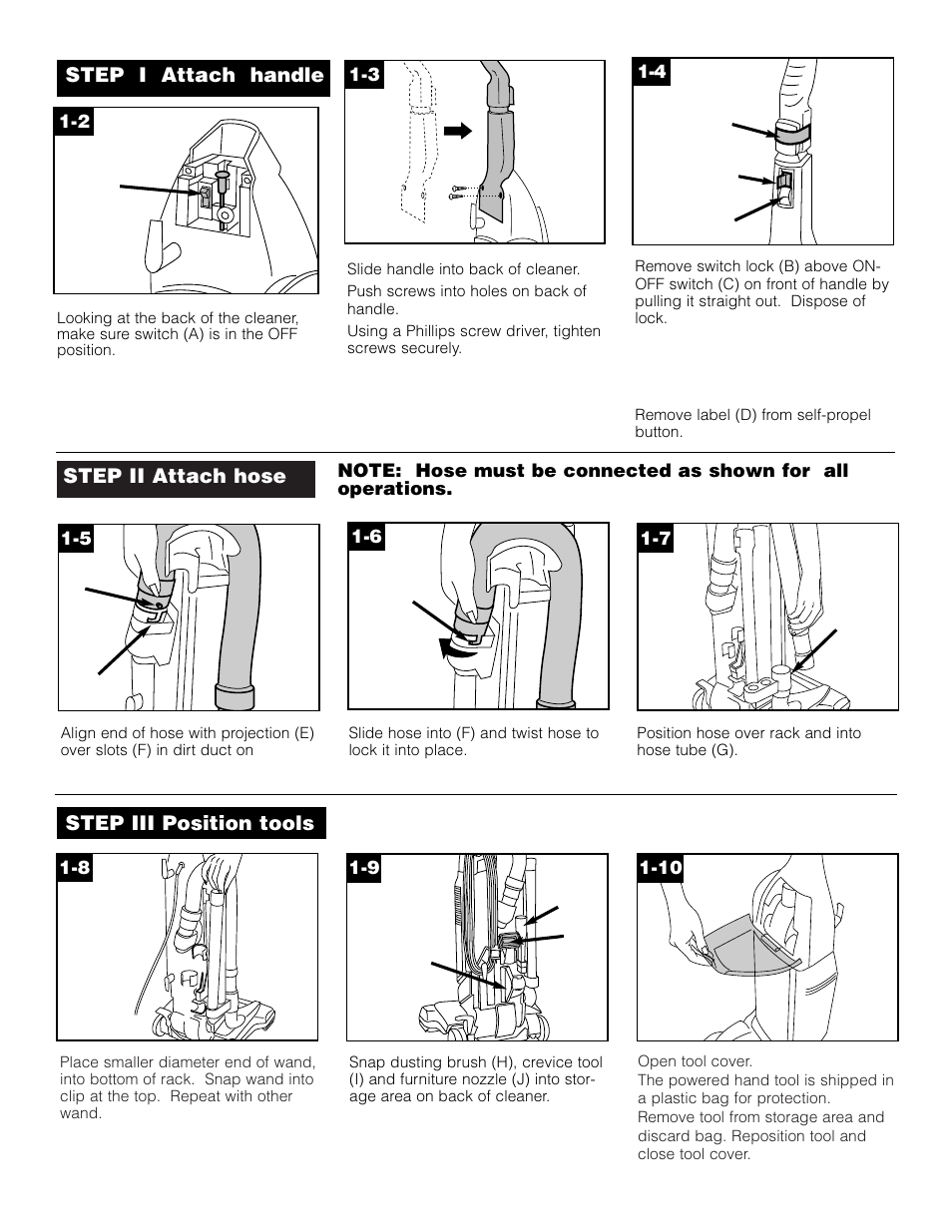 Step ii attach hose, Step iii position tools, Step i attach handle | Hoover WindTunnel Wind Tunnel vacuum cleaner User Manual | Page 4 / 32