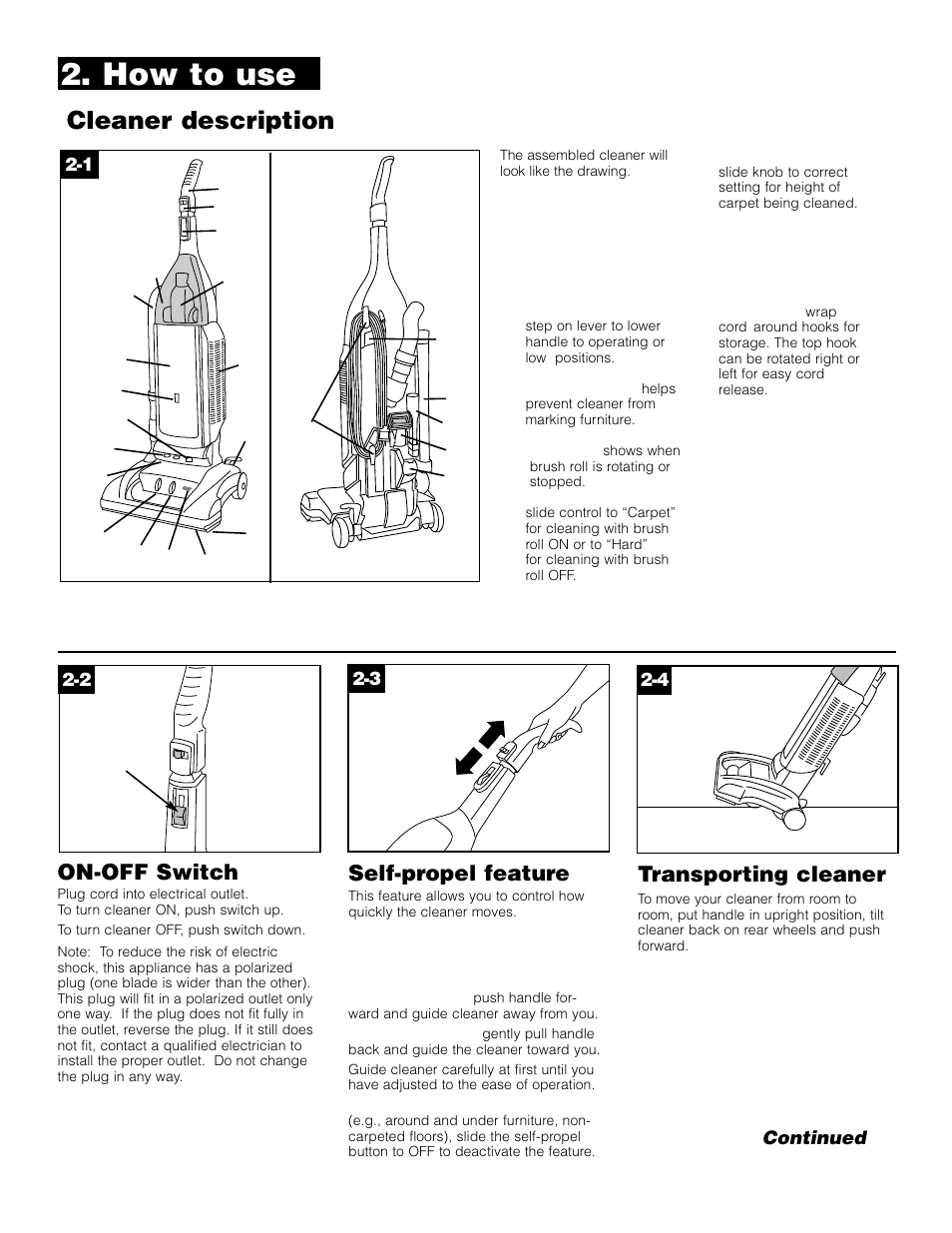 How to use, Cleaner description, On-off switch | Self-propel feature, Transporting cleaner | Hoover WindTunnel Wind Tunnel vacuum cleaner User Manual | Page 5 / 32