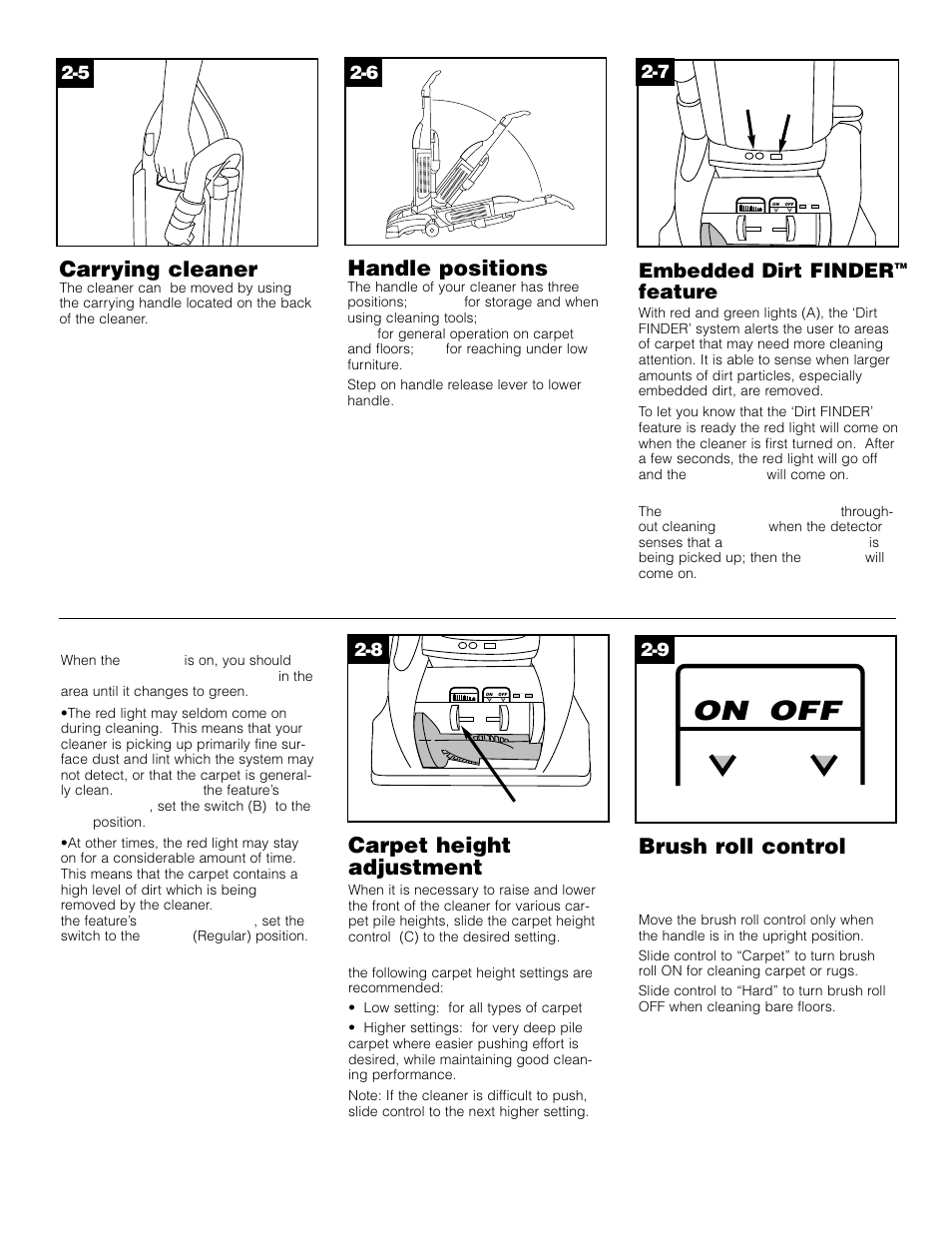 On off, Brush roll control, Handle positions | Carrying cleaner, Carpet height adjustment, Embedded dirt finder feature, Brush roll | Hoover WindTunnel Wind Tunnel vacuum cleaner User Manual | Page 6 / 32