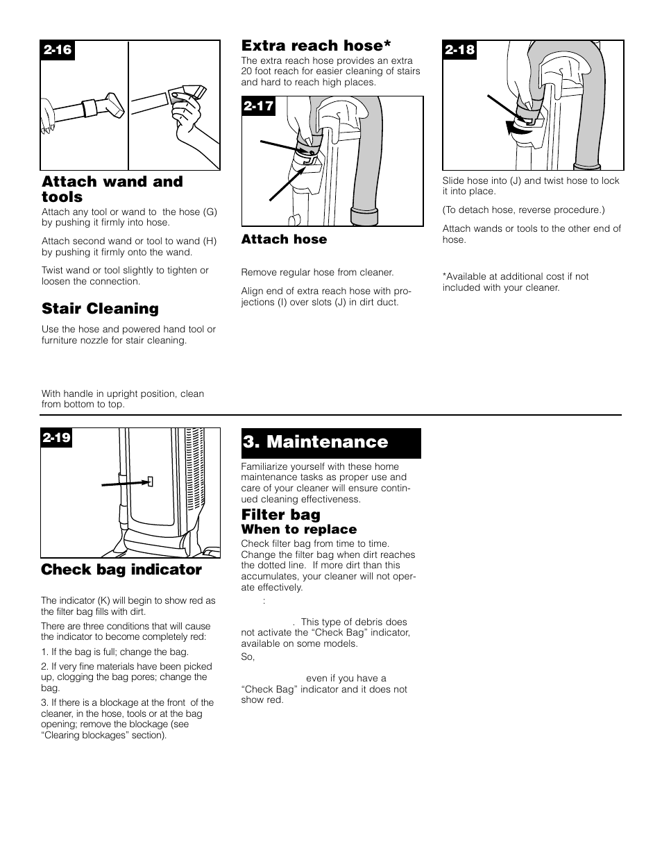 Maintenance, Check bag indicator, Filter bag | Attach wand and tools, Stair cleaning, Extra reach hose | Hoover WindTunnel Wind Tunnel vacuum cleaner User Manual | Page 8 / 32