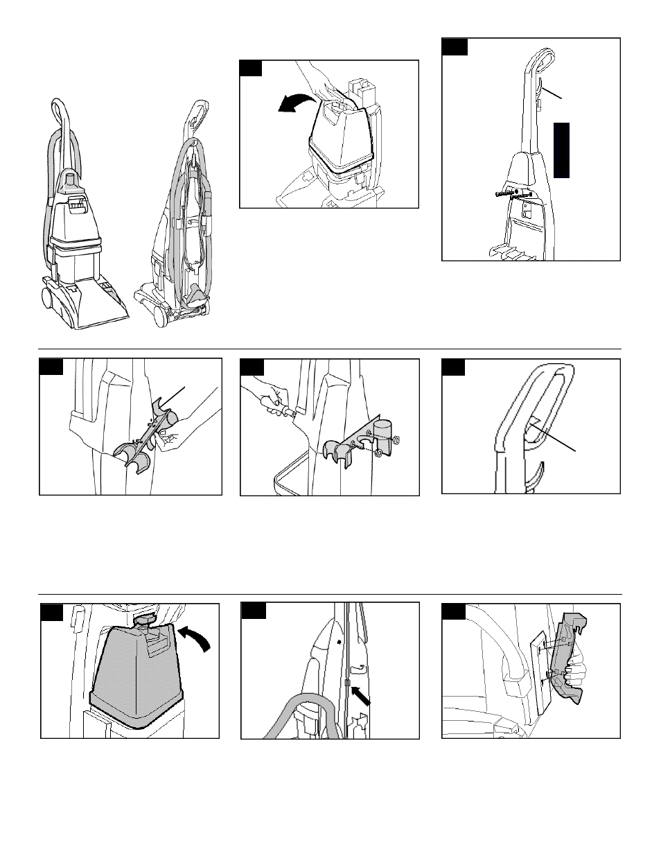 Assemble handle, Attach upper handle, Attach hose holder | Attach tool holder | Hoover Plus User Manual | Page 4 / 12