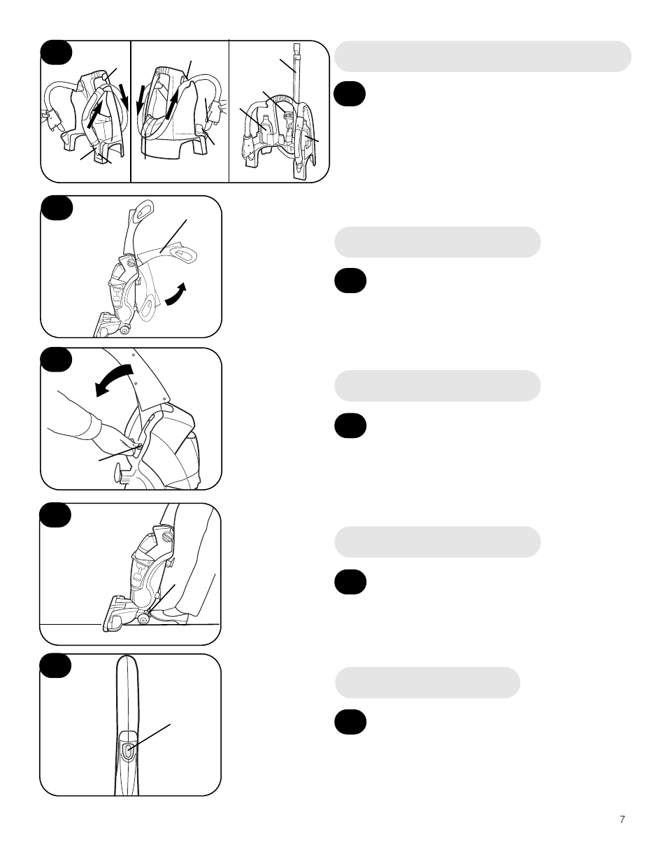 On/off switch, Handle release pedal, Unfold handle | How to fold handle, Store hose, tools and accessories | Hoover FloorMate Floor Mate SpinScrub Hard Floor Cleaner with portable tool kit User Manual | Page 7 / 20