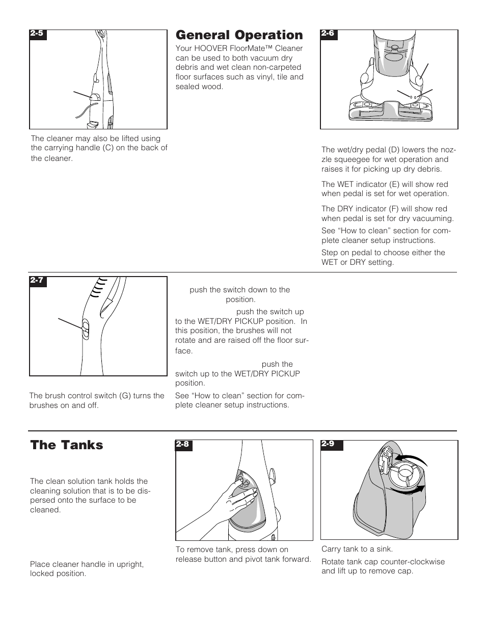 The tanks, General operation, Clean solution tank (upper tank) | How to fill, Wet/dry pedal and indicators, Brush control switch, De f c | Hoover FloorMATE Floor Mate with Spin Scrub Brushes The Hard Floor Cleaner User Manual | Page 6 / 14