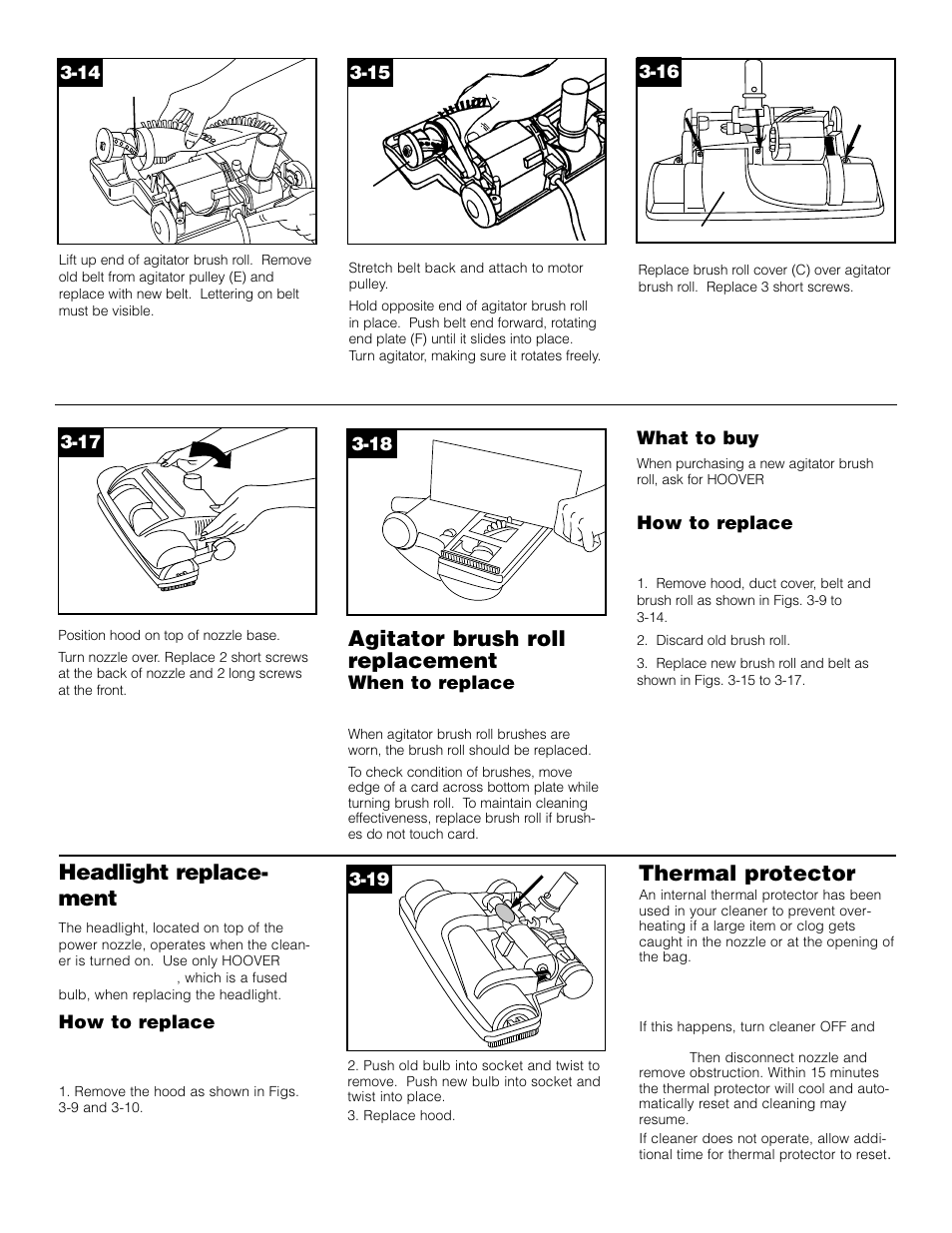 Agitator brush roll replacement, Headlight replace- ment, Thermal protector | Hoover S3621 User Manual | Page 10 / 14