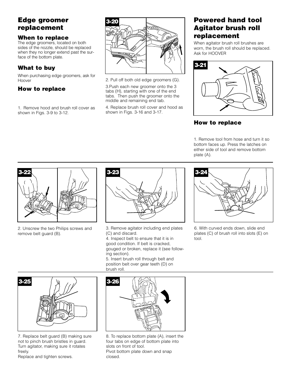 Edge groomer replacement, Powered hand tool agitator brush roll replacement | Hoover S3621 User Manual | Page 11 / 14