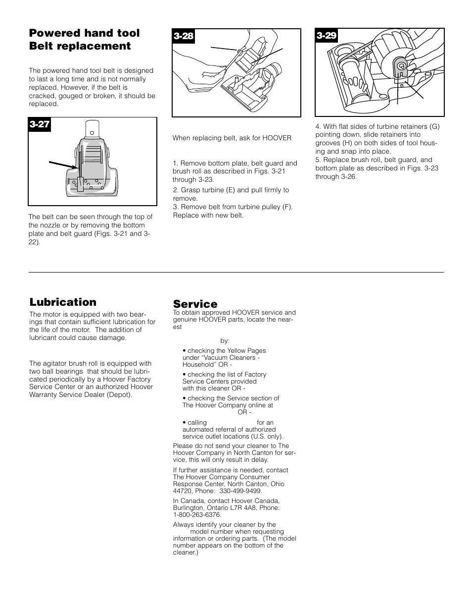 Service, Lubrication, Powered hand tool belt replacement | Inspecting the belt, Replacing belt | Hoover S3621 User Manual | Page 12 / 14