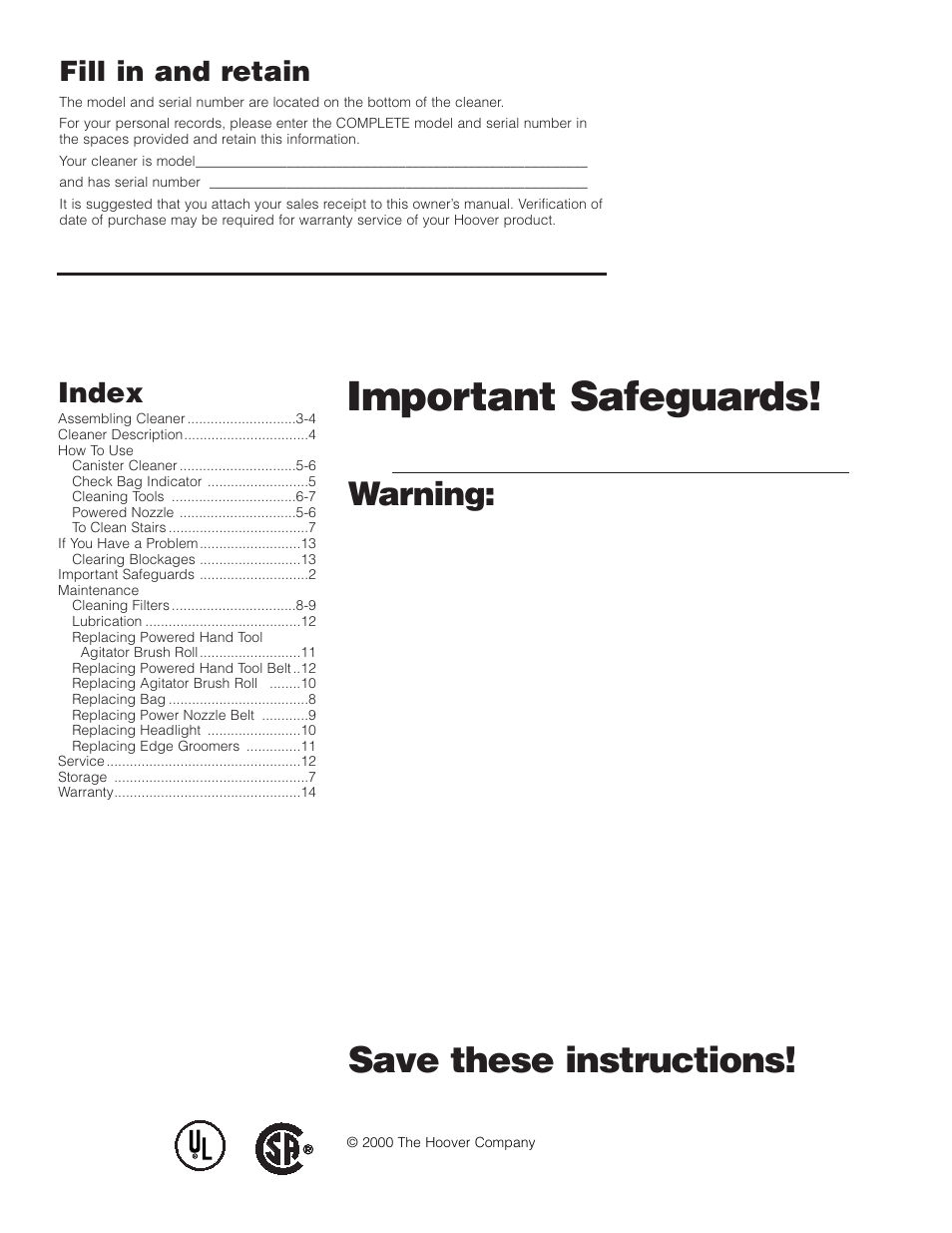 Important safeguards, Save these instructions, Warning | Fill in and retain, Index | Hoover S3621 User Manual | Page 2 / 14