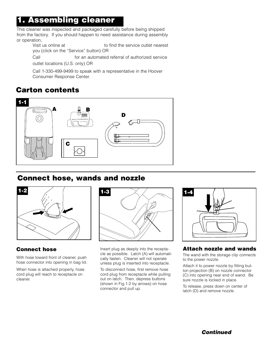 Assembling cleaner, Carton contents connect hose, wands and nozzle | Hoover S3621 User Manual | Page 3 / 14