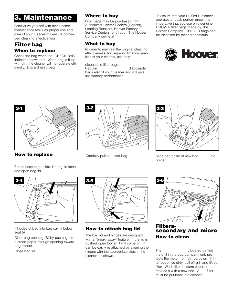 Maintenance, Filters- secondary and micro, Filter bag | Hoover S3621 User Manual | Page 8 / 14