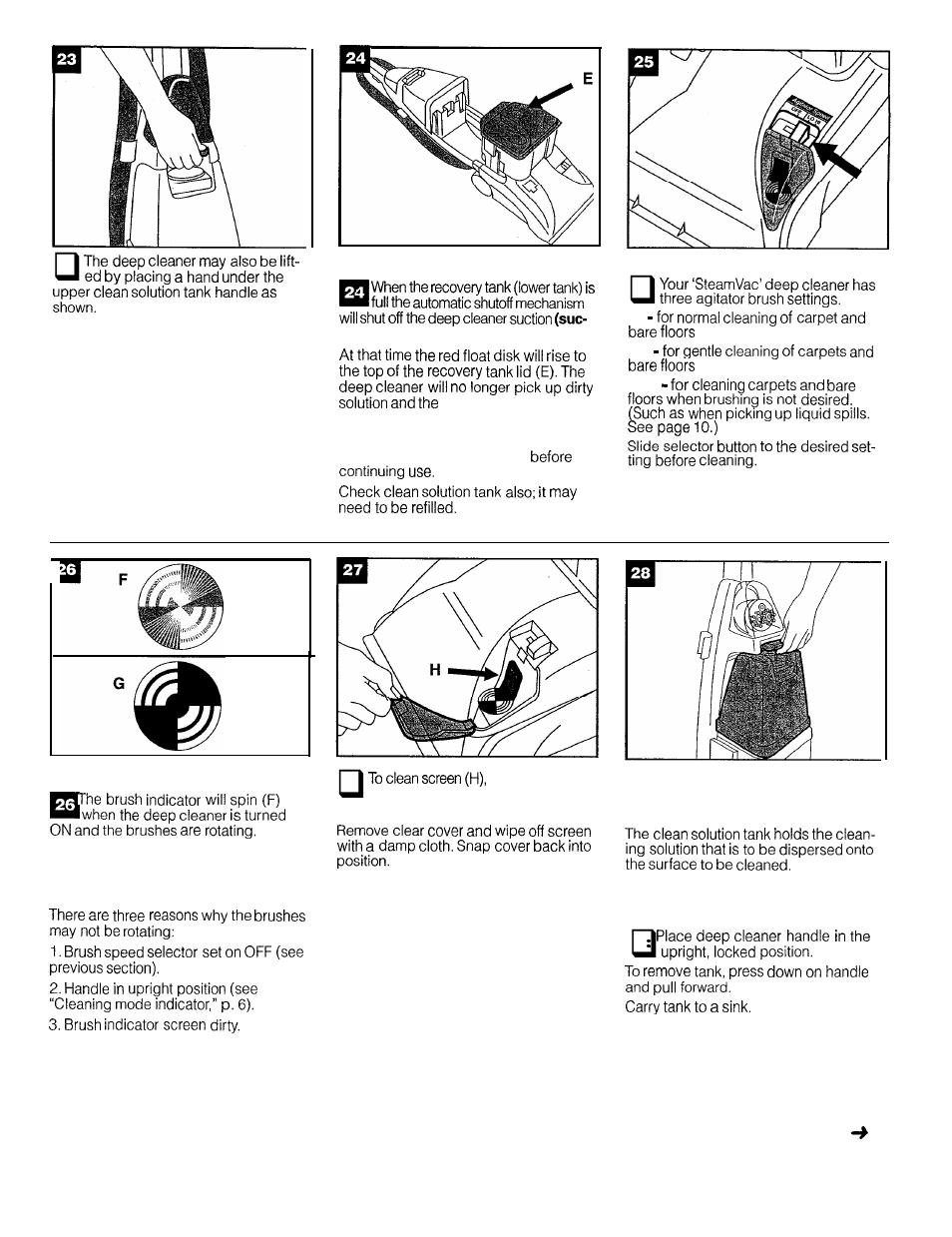 Agitator speed selector, Brush indicator, The tanks | How to fill, Continued | Hoover Ultra Plus User Manual | Page 7 / 14