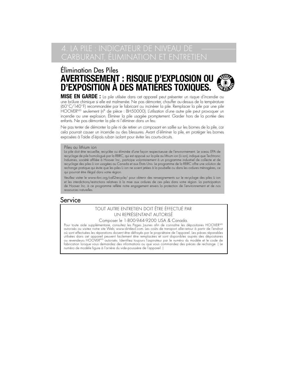 Service élimination des piles | Hoover BH50010 User Manual | Page 11 / 16