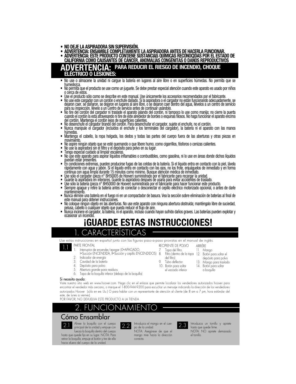 Guarde estas instrucciones, Características, Advertencia | Funcionamiento, Cómo ensamblar | Hoover BH50010 User Manual | Page 13 / 16