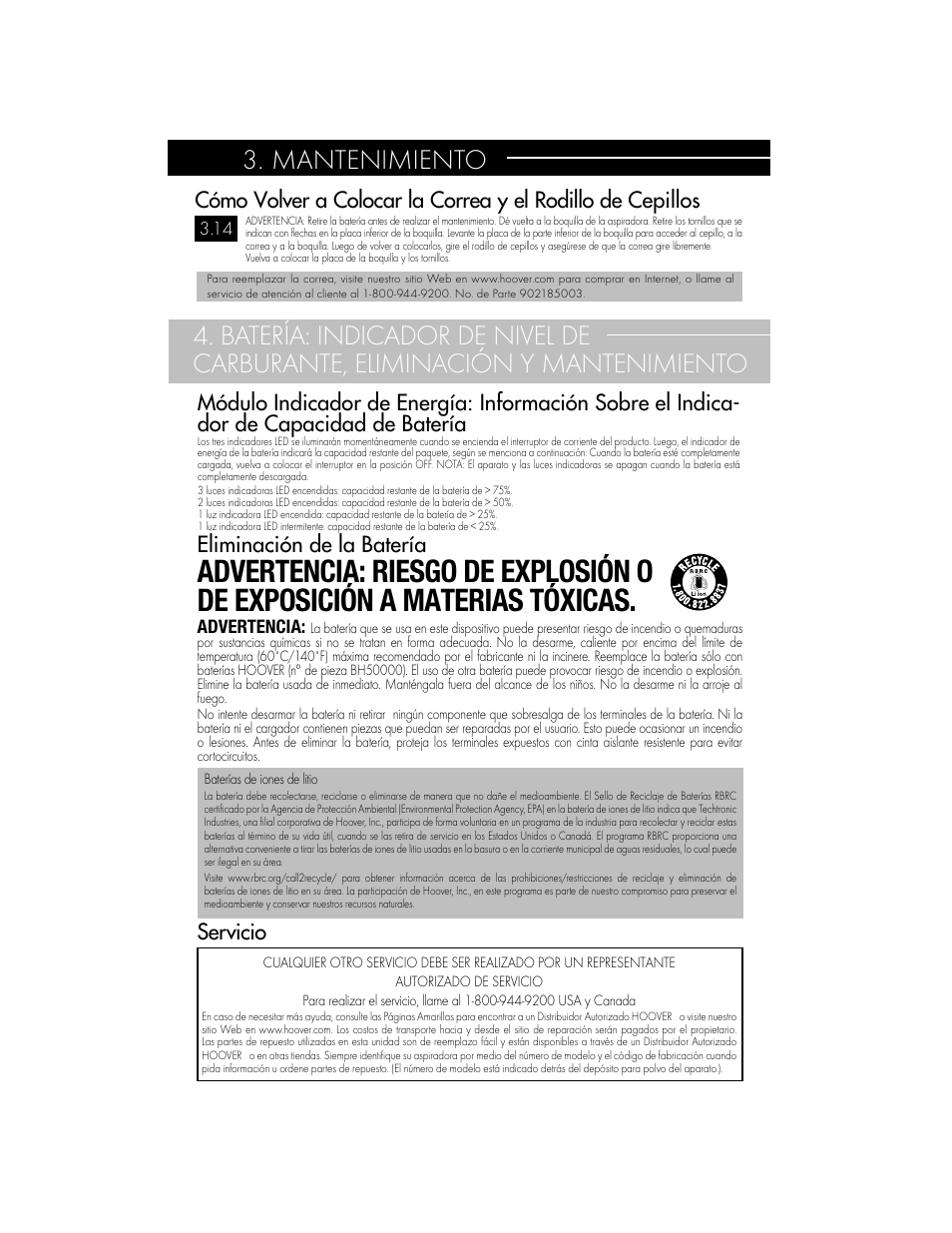 Mantenimiento, Servicio, Eliminación de la batería | Hoover BH50010 User Manual | Page 15 / 16