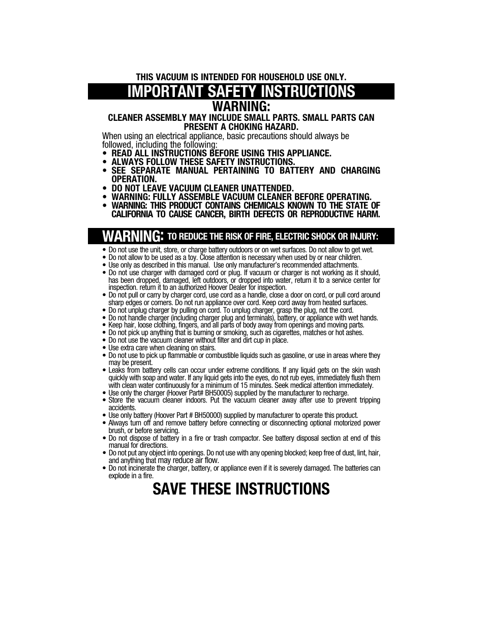 Important safety instructions, Save these instructions, Warning | Hoover BH50010 User Manual | Page 2 / 16
