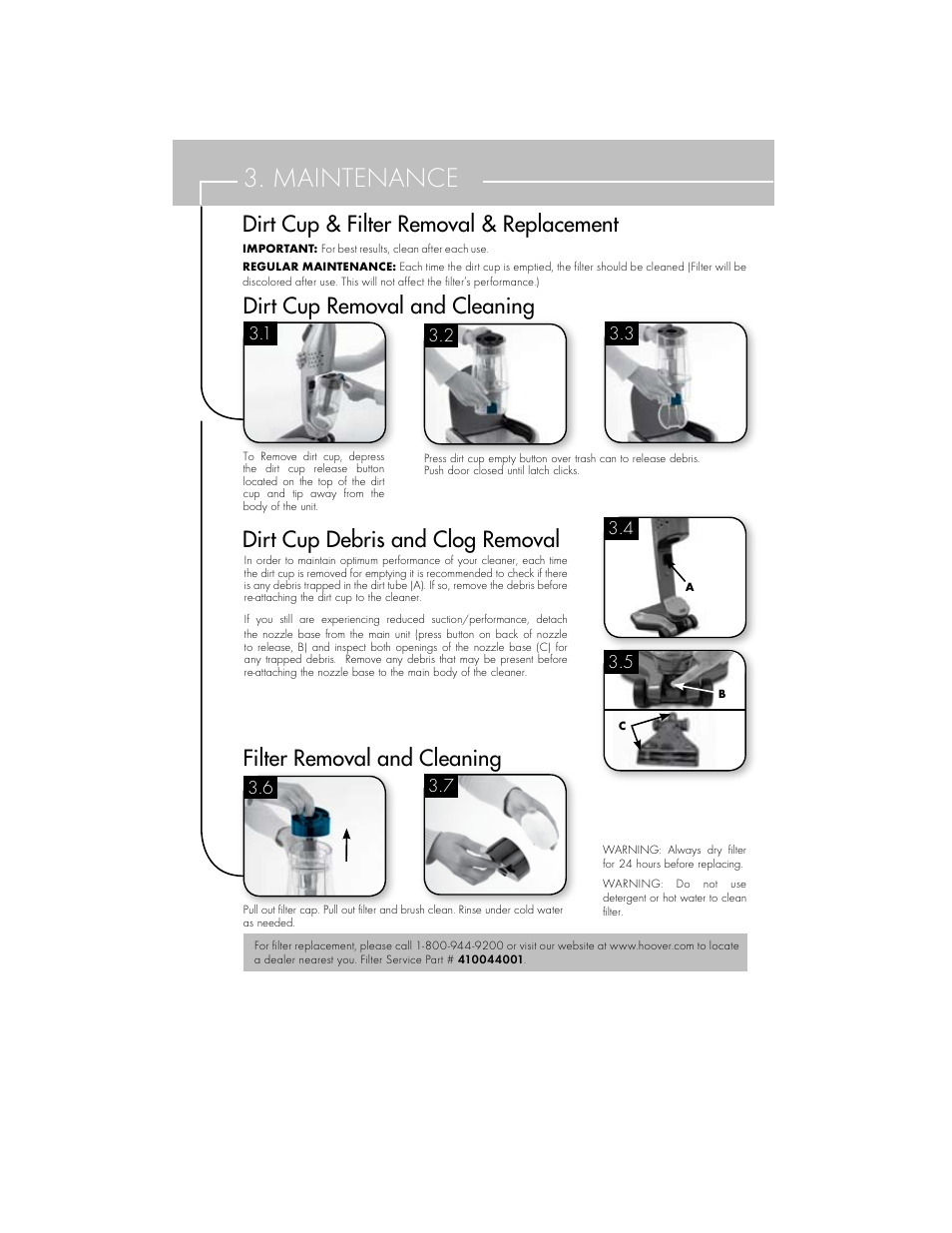 Maintenance, Dirt cup & filter removal & replacement, Dirt cup debris and clog removal | Hoover BH50010 User Manual | Page 5 / 16