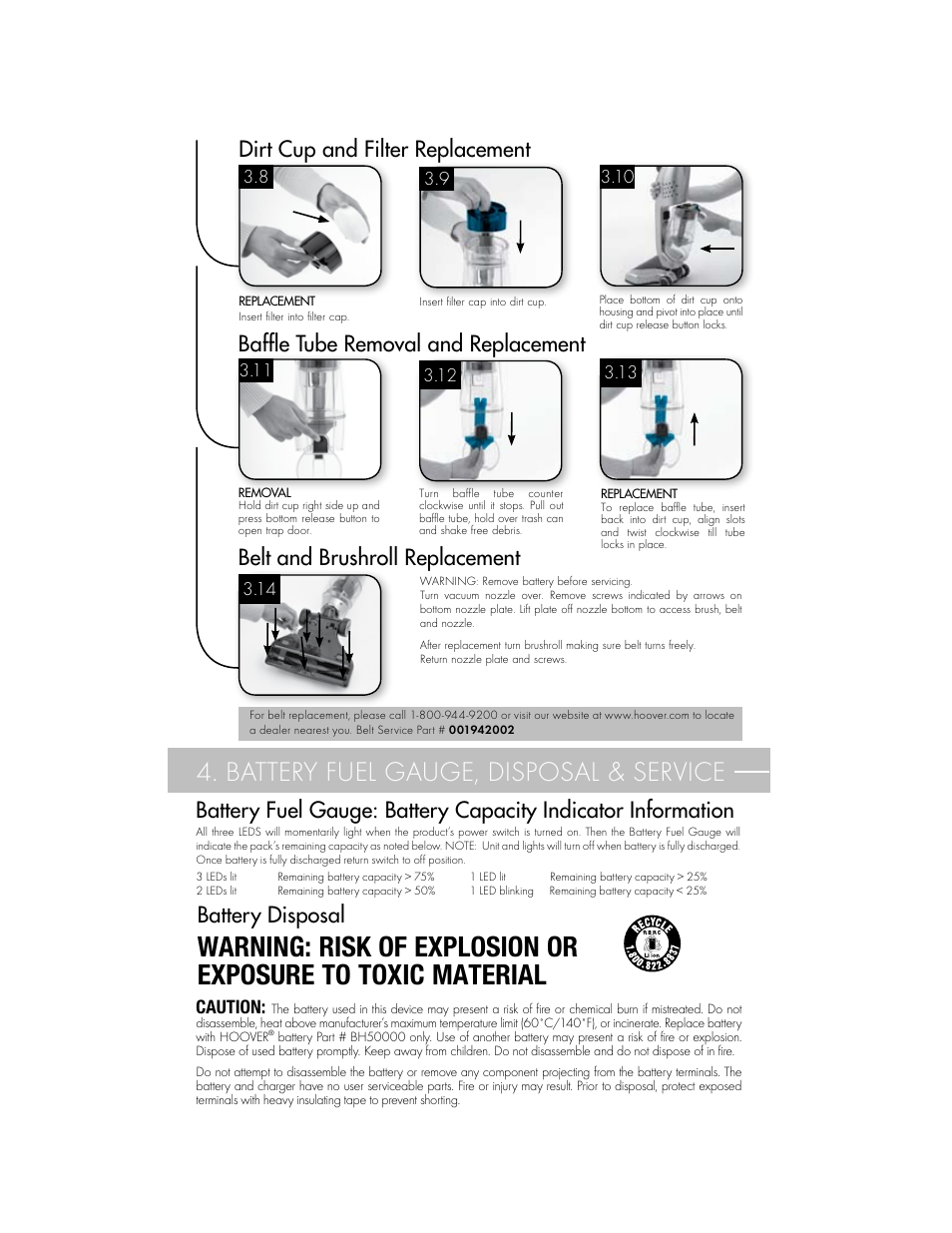 Battery fuel gauge, disposal & service, Battery disposal, Dirt cup and filter replacement | Hoover BH50010 User Manual | Page 6 / 16