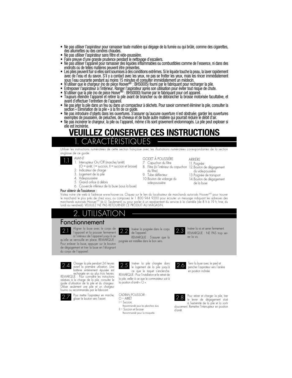 Veuillez conserver ces instructions, Utilisation, Caractéristiques | Fonctionnement | Hoover BH50010 User Manual | Page 9 / 16